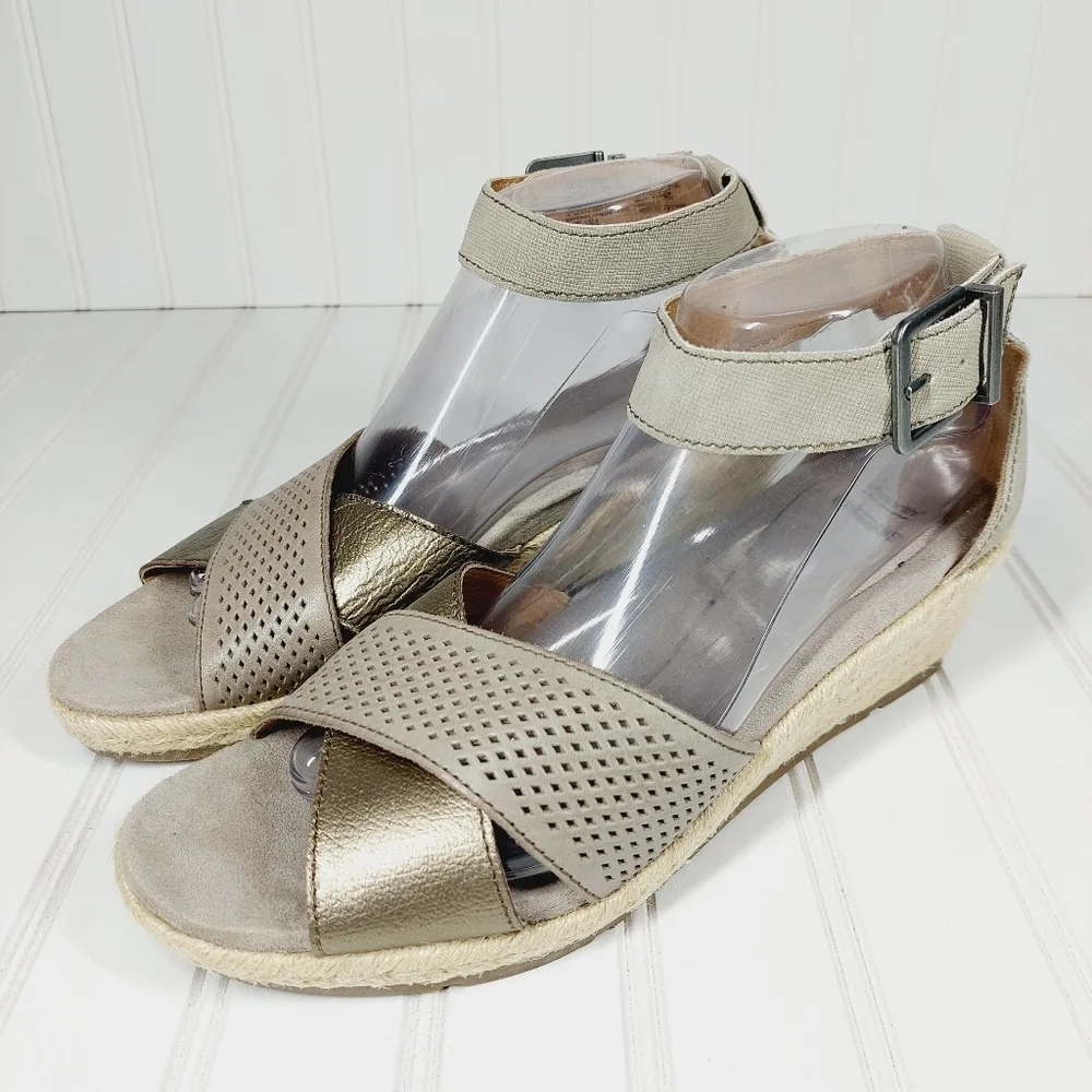 Earth Origins Naples Natasha Platinum Leather Espadrille Wedge Sandals D144 - Picture 2 of 15